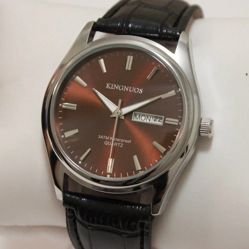 Men's Contemporary Dress Watch Silver Case Black Leather Watch Strap 40mm