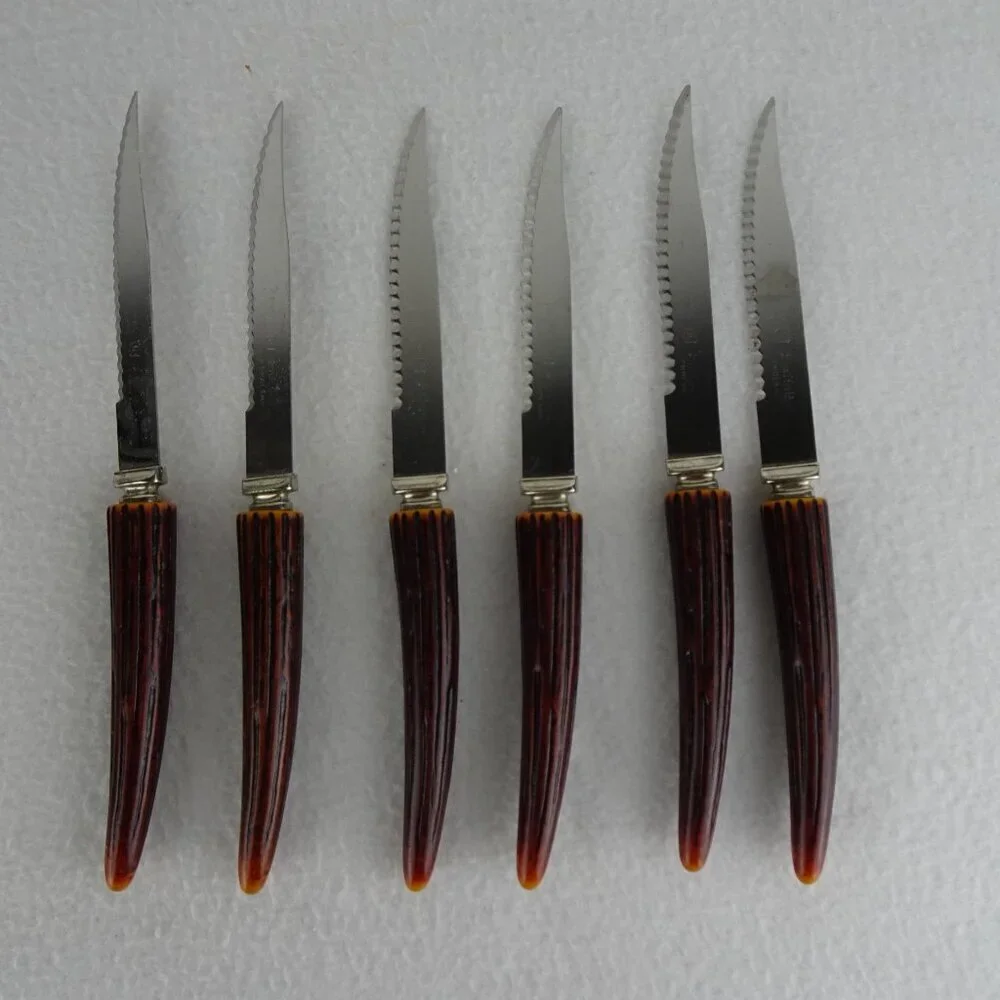 6 REGENT SHEFFIELD Steak Knives Stainless Blade Faux Antler Handle Original Box