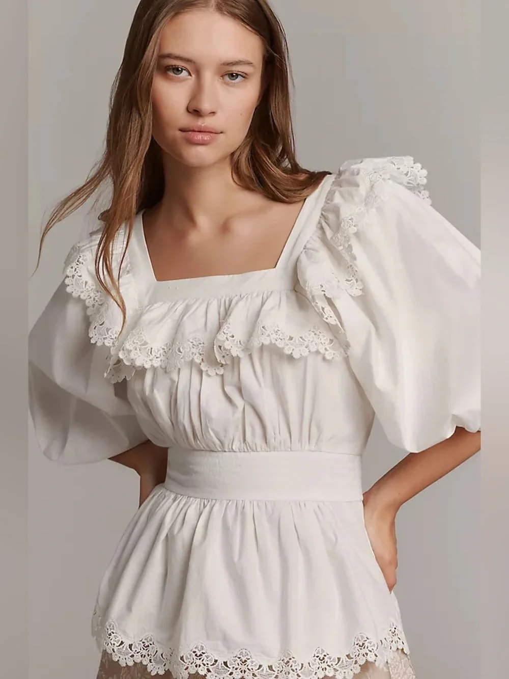 Maeve Peplum Eyelet Blouse M White Puff Sleeve Romantic Boho Peasant Milkmaid