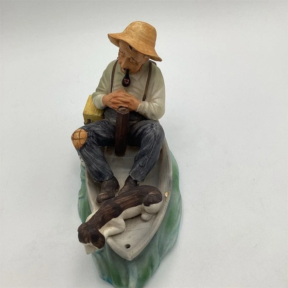 Vintage Ceramic Sleeping Fisherman with Dog‎ Figurine Nautical Decor