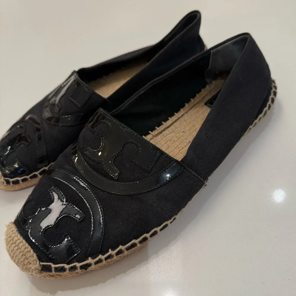 Tory Burch Poppy Espadrille Flats Black Canvas Patent Leather‎ Logo 10M