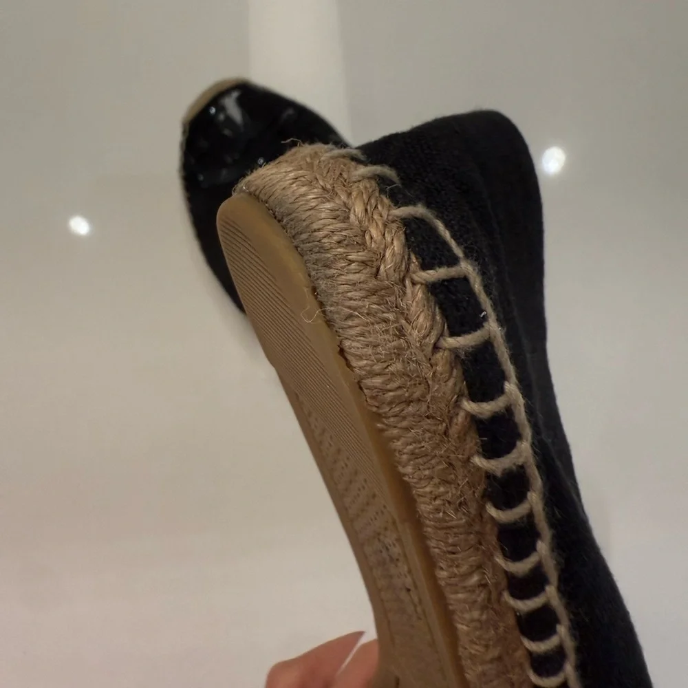 Tory Burch Poppy Espadrille Flats Black Canvas Patent Leather‎ Logo 10M