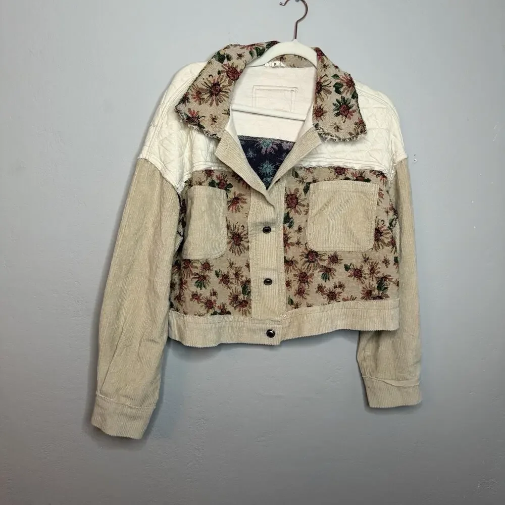 POL Quilted Corduroy Jacket Jacquard‎ Sz S Tapestry Grandma Cottage