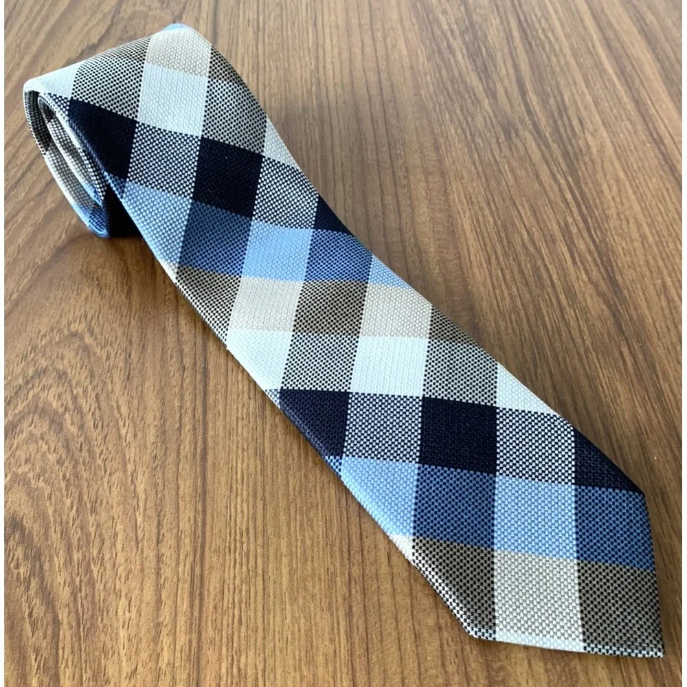 John W. Nordstrom Mens Plaid Checked Silk Linen Tie Preppy Business Blue Tan