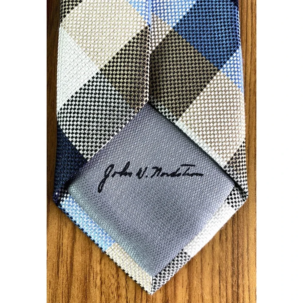John W. Nordstrom Mens Plaid Checked Silk Linen Tie Preppy Business Blue Tan