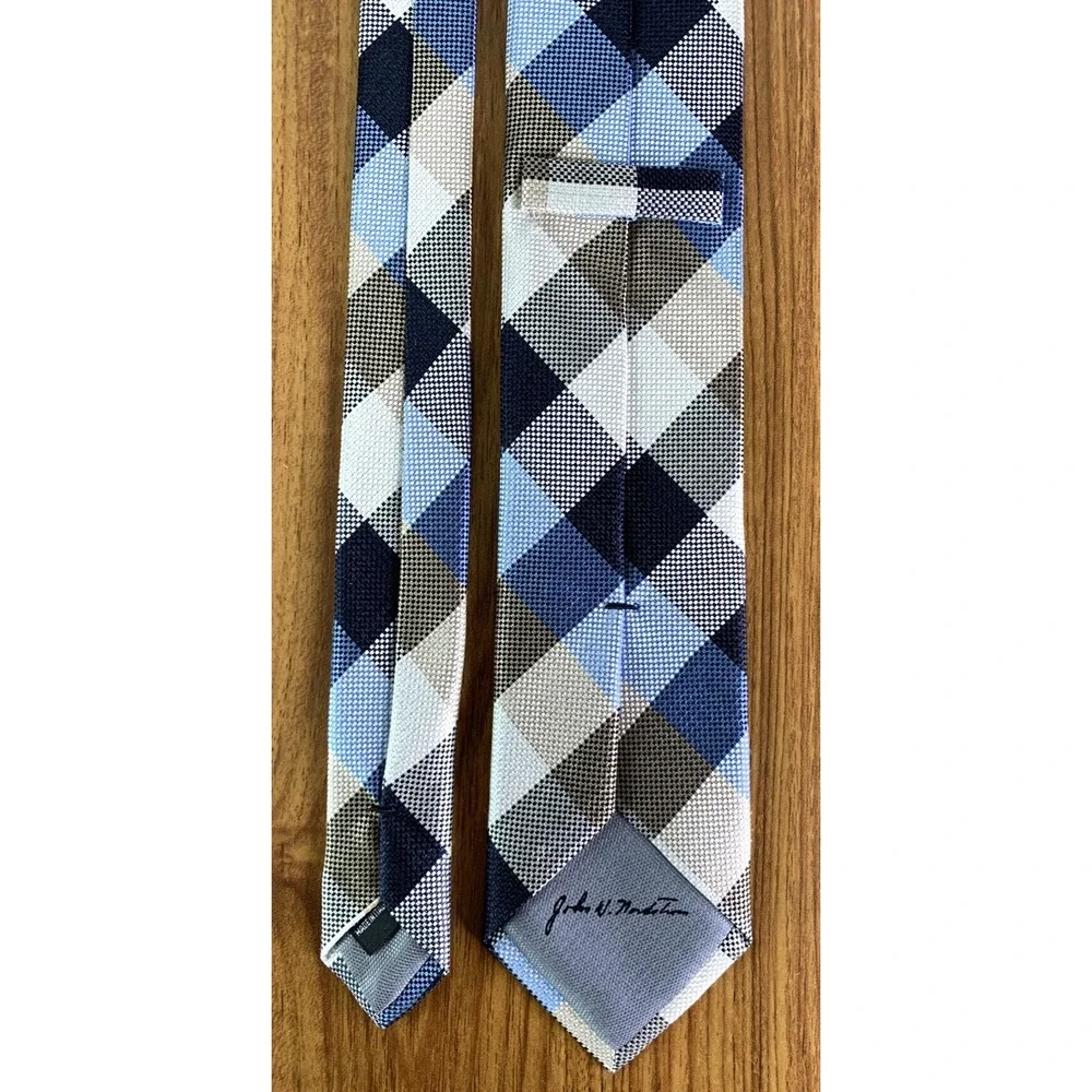 John W. Nordstrom Mens Plaid Checked Silk Linen Tie Preppy Business Blue Tan