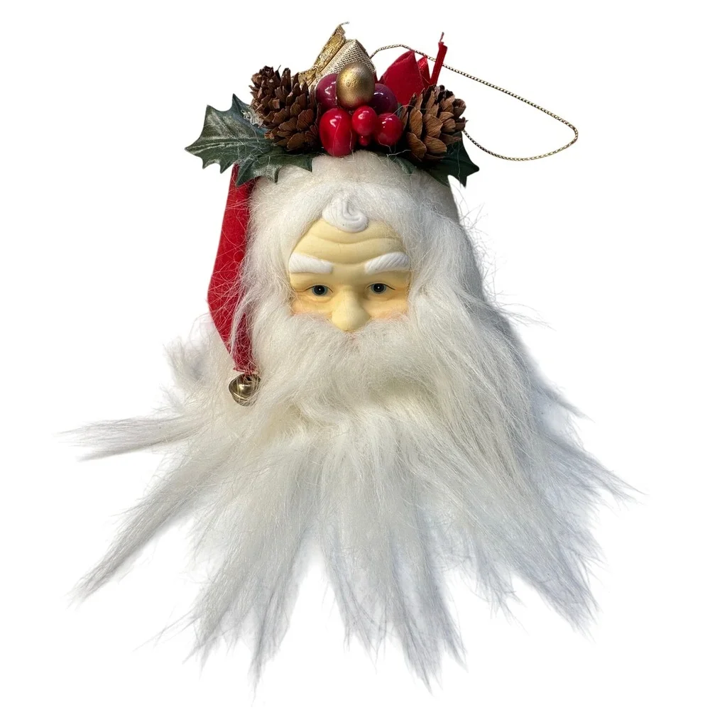 Santa Head Christmas Ornament‎ Faux Fur Beard Pinecone Berry Crown Vintage