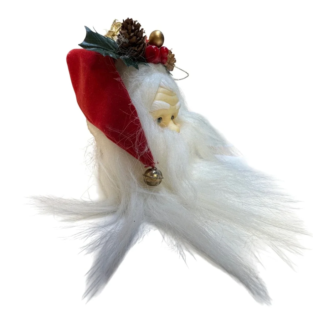 Santa Head Christmas Ornament‎ Faux Fur Beard Pinecone Berry Crown Vintage