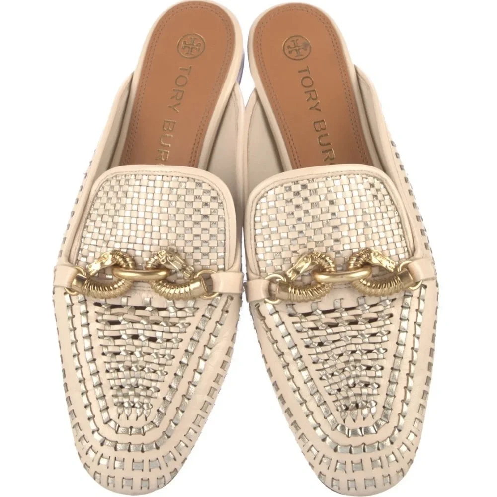Tory Burch Jessa loafers backless mules clogs woven leather horsebit loafers