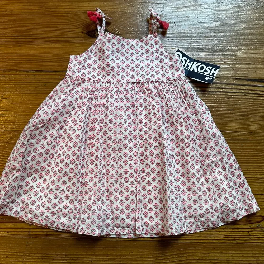 NWT OshKosh B'gosh white pink floral‎ sleeveless tassel dress SIZE 18M