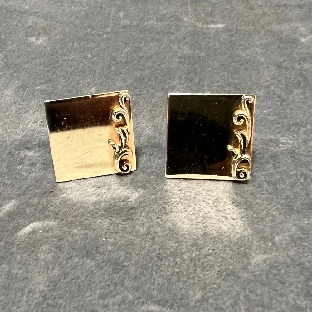 Vintage Swank Gold Tone Square‎ Cufflinks Scroll Design Detail Mid Century