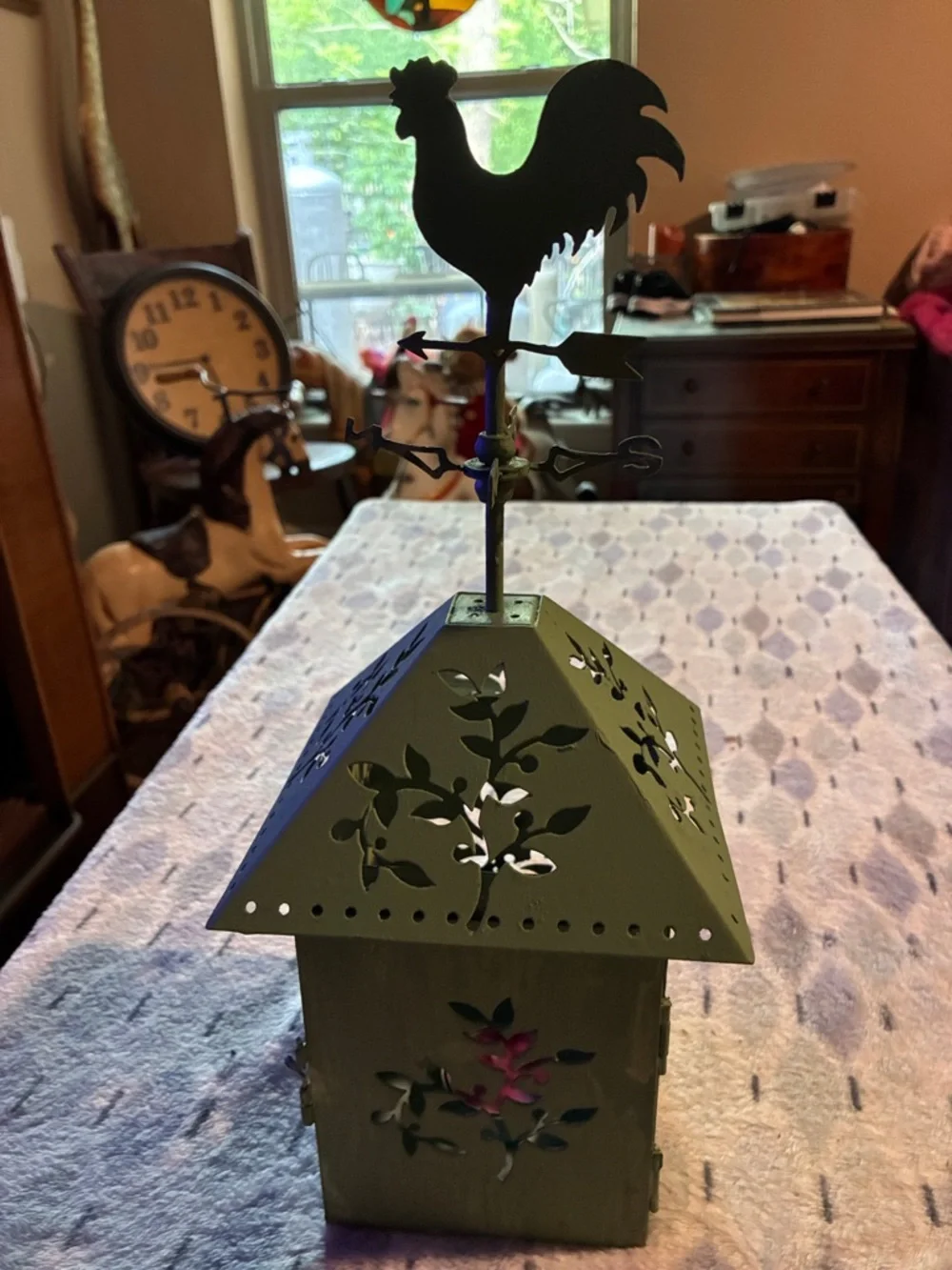 Olive Green Metal Rooster Lantern by