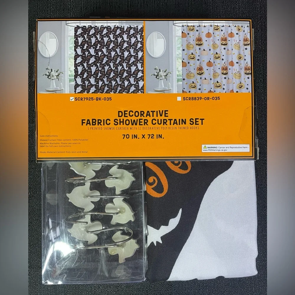 13-pc Halloween Fabric Shower Curtain Set w/12 Ghost Hooks Black White NEW NWT