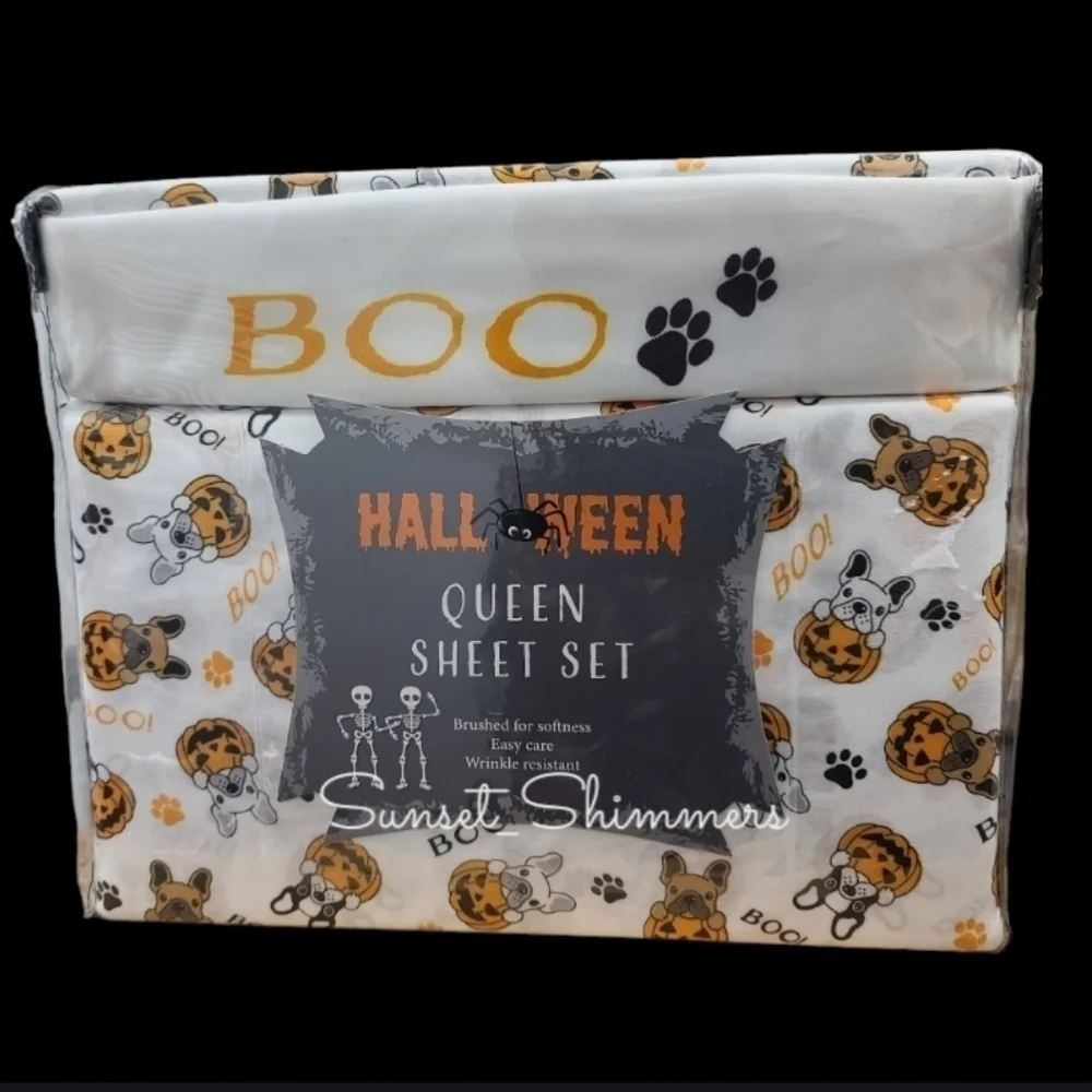4pc Halloween French Bulldog Frenchie Dog Boo Pumpkin QUEEN Bed Sheet Decor New