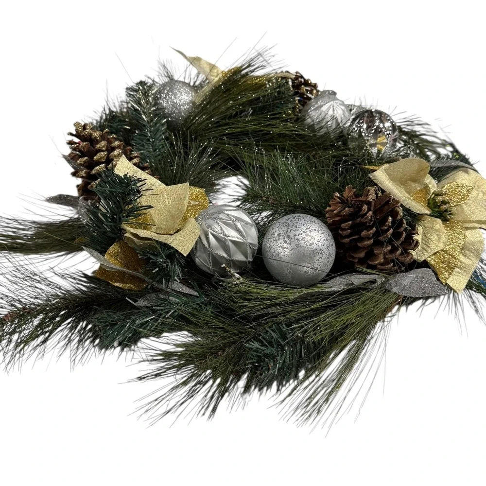 Christmas Wreath Holiday Pine‎ Cone Ornament Gold Silver Decor 15 Inch