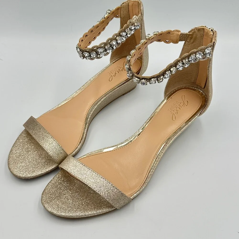 Jewel Badgley Mischka Gold Glitter Ankle Strap Sandals‎ 10 w/ Box & Extras