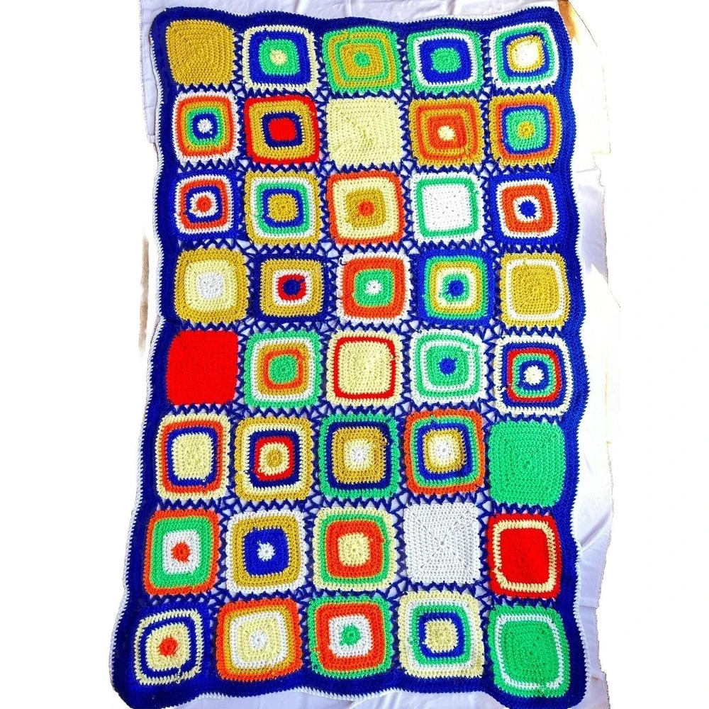 Vtg Squares Crochet Afghan 70's Granny Blanket Multicolor 43