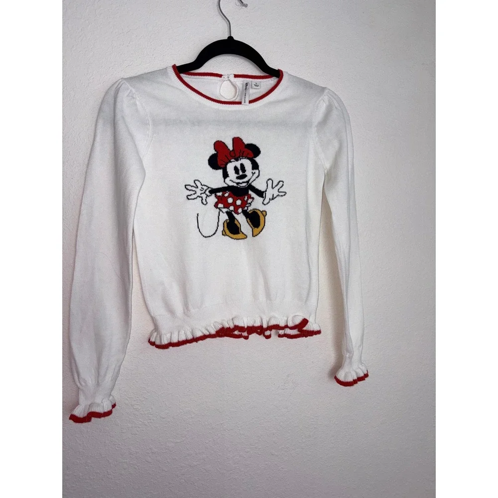 Disney x Janie and Jack Minnie Mouse Sweater age 12 White Excellent Ruffle Trim