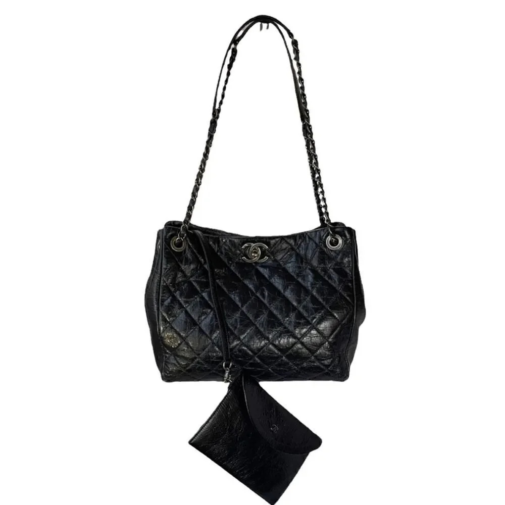 Chanel Accordion Large Quilted Crackled Handbag Blue