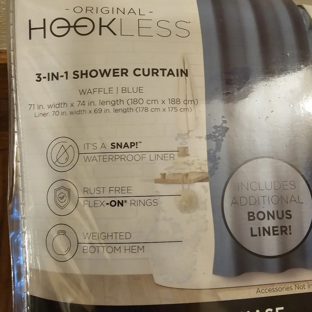 Original Hookless 3-in-1 Waffle Fabric Shower Curtain Set Blue with Bonus Liner