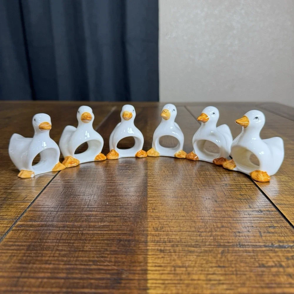 Vtg Ceramic White Duck Goose Napkin Rings Set of 6 Farmhouse Country Kitchen Lot