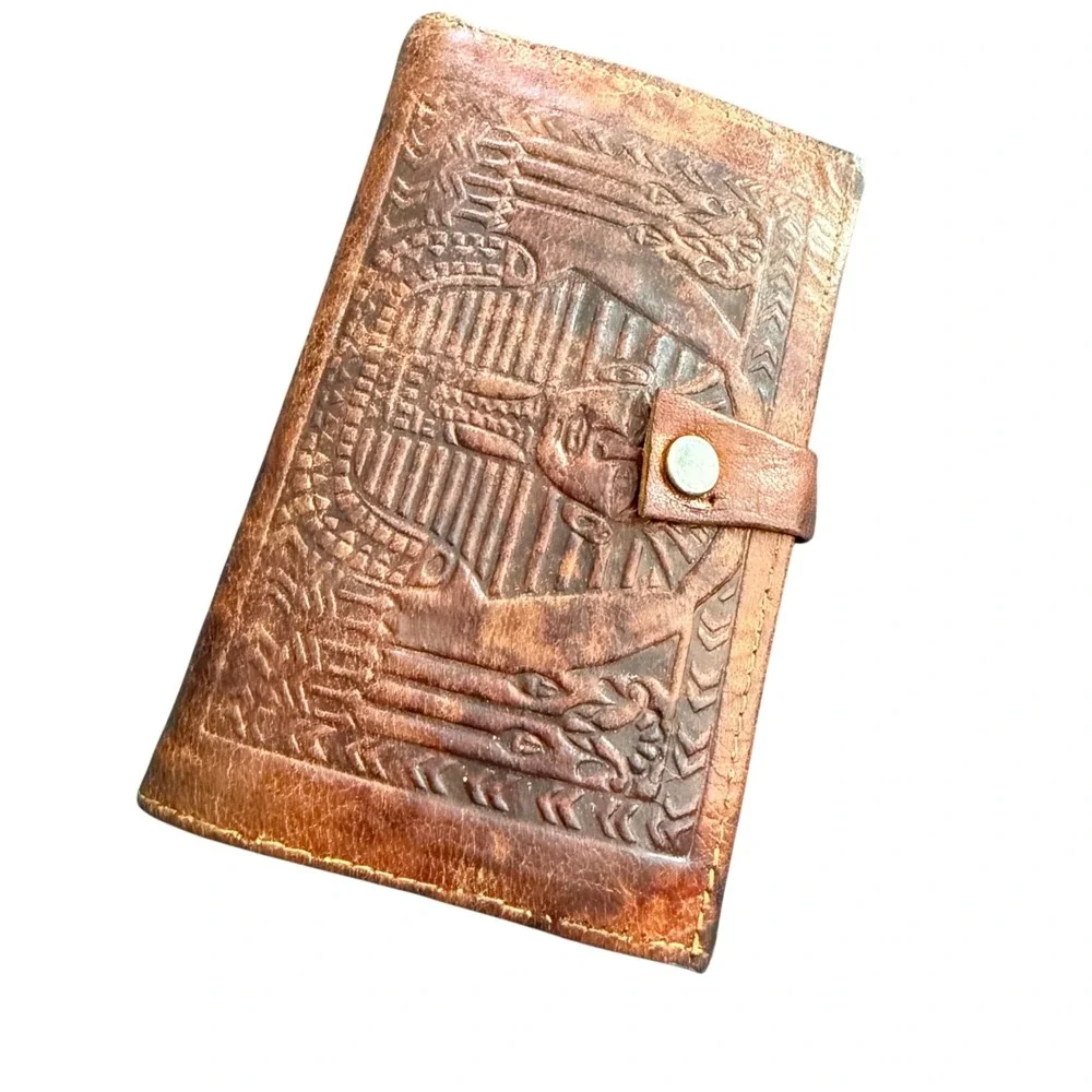 Vintage Hand Tooled Leather Egyptian Pharaoh King Tut Wallet Brown Kiss‎ Lock
