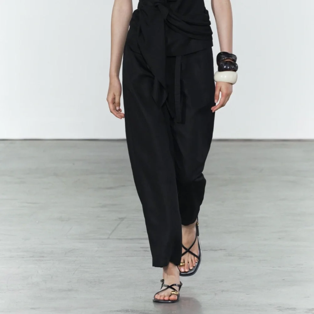 Zara Black Wide-Leg Linen-Blend Pant