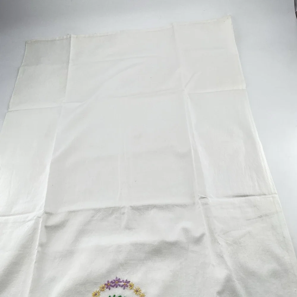 Vintage MCM Floral Embroidered Pillowcases Set of 2 White Cotton Crocheted Hems
