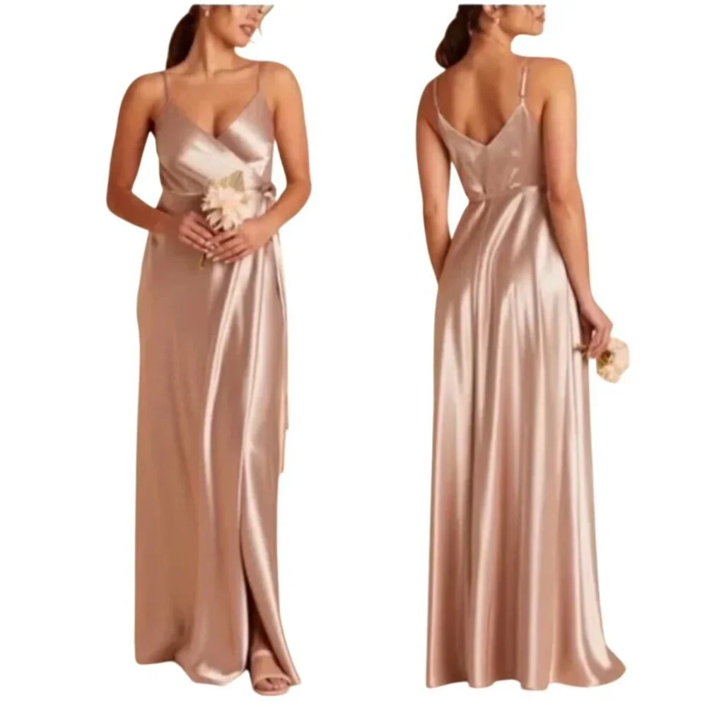 Birdy Grey Cindy Satin Bridesmaid Dress Size S NWT Taupe Wrap Tie‎ Wedding Guest