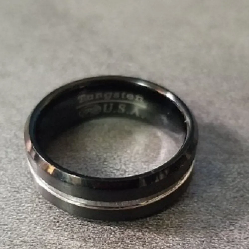 Men's Real Black Tungsten Wedding Ring With A Silver Filled Center Groove
