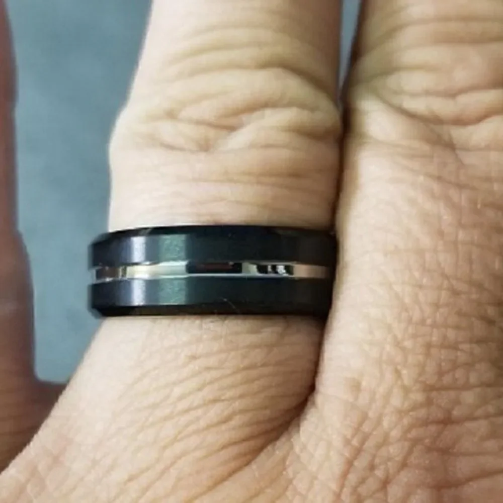 Men's Real Black Tungsten Wedding Ring With A Silver Filled Center Groove
