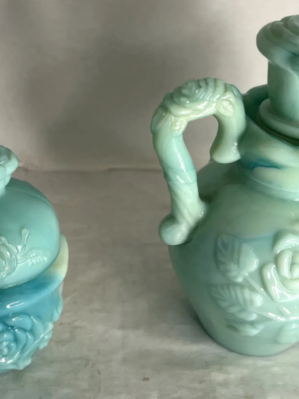 Vintage Avon Jadeite Moonwind Bubble Bath Bottle and Powder Sachet Container