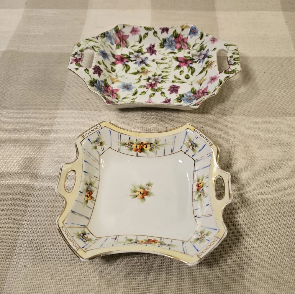 Vintage Porcelain Hand Painted Floral Small Trinket Vanity Tray Dish X 2