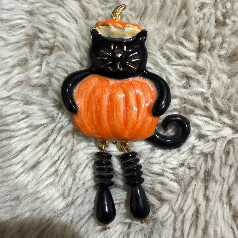 Vintage Black Cat Pumpkin‎ Pin Brooch Halloween Orange Enamel Dangle 1980s