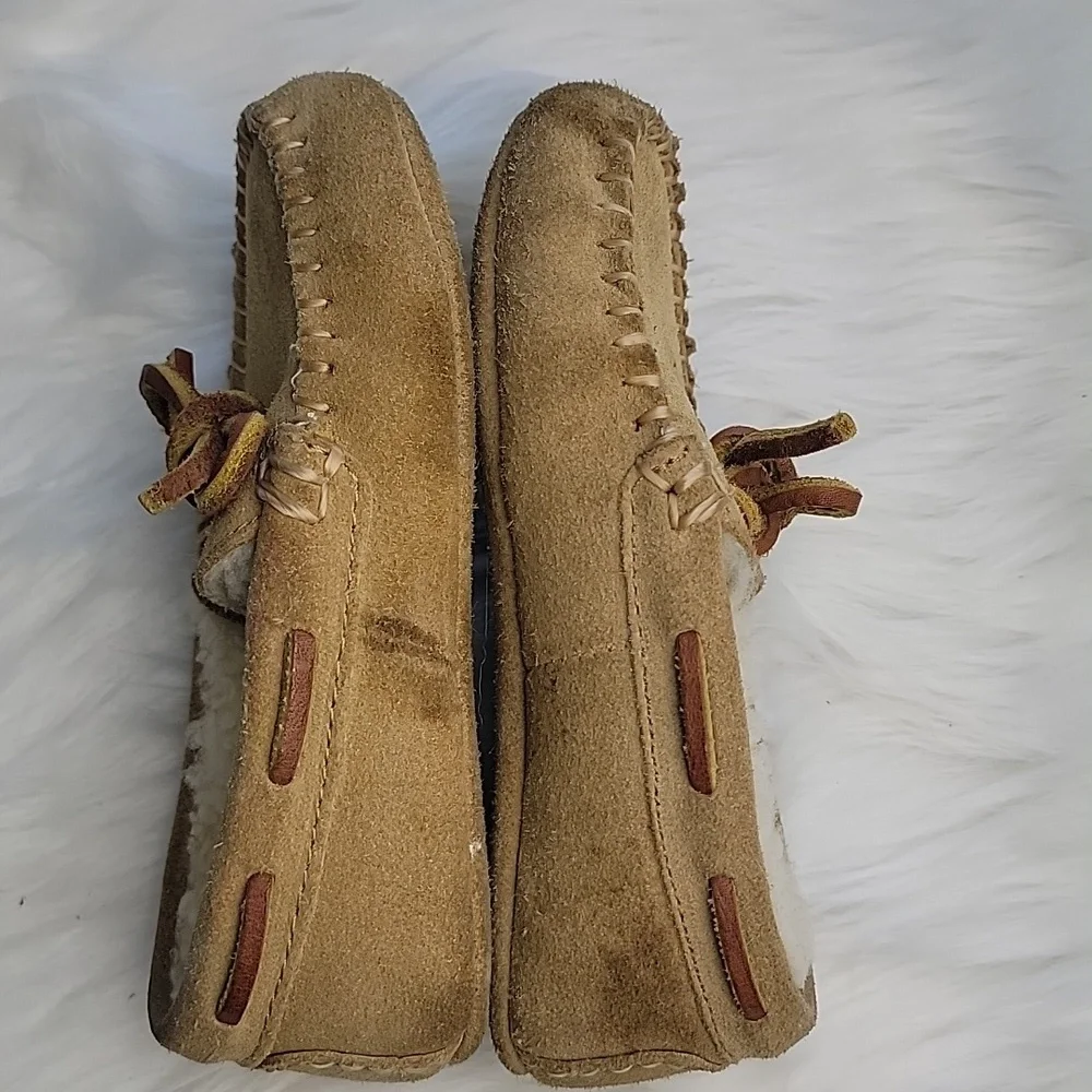 POLO RALPH LAUREN Tan Suede Shearling Preppy Loungewear Boho Moccasin Slippers‎