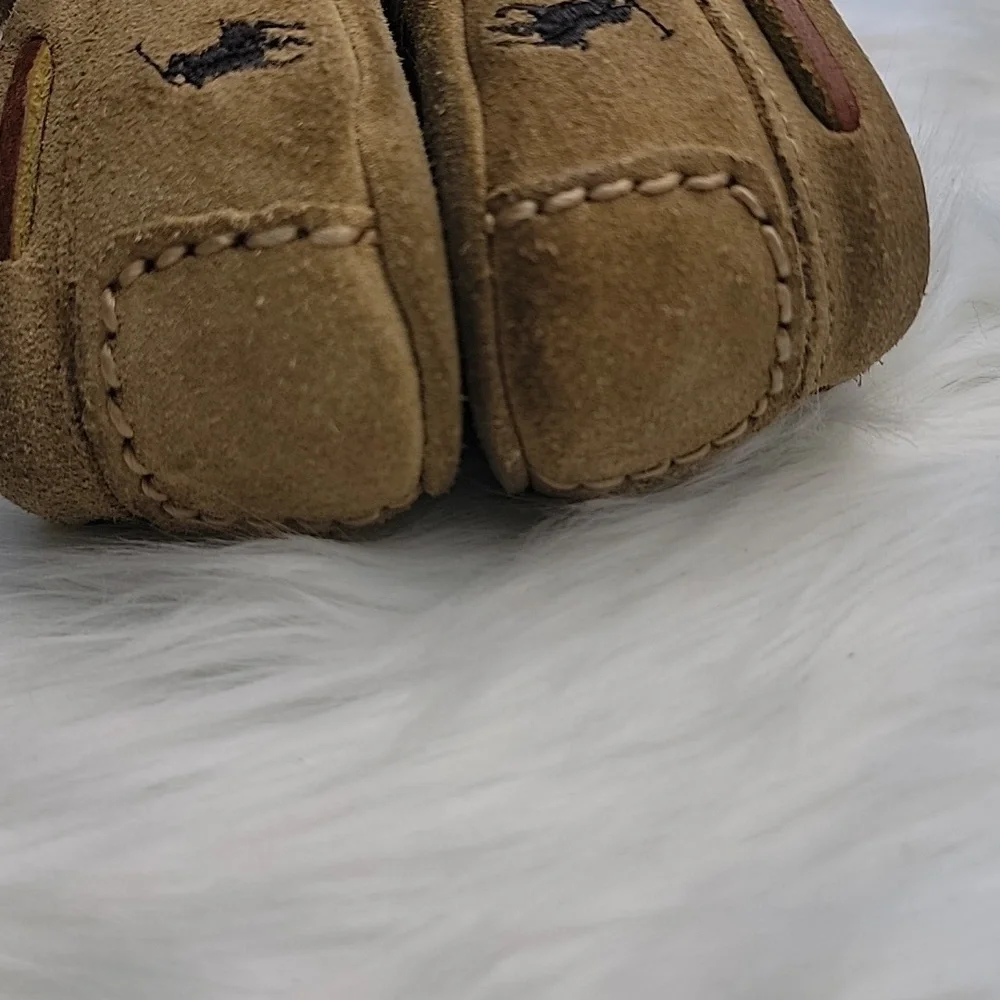 POLO RALPH LAUREN Tan Suede Shearling Preppy Loungewear Boho Moccasin Slippers‎