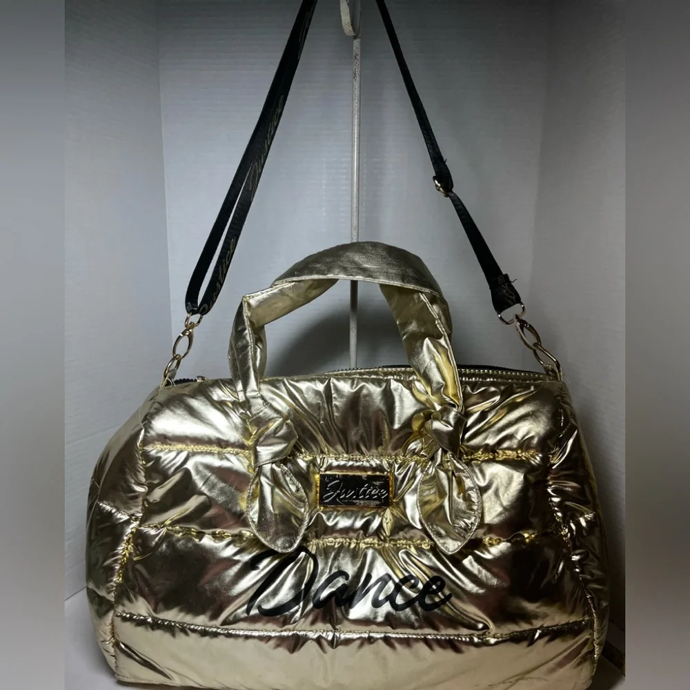Justice Gold, metallic duffel bag
