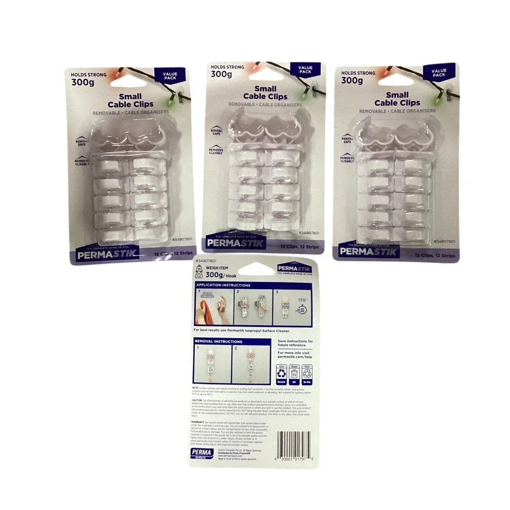 4- Small Cable Clips Removable Value Pack 12 Clips Holder Organiser‎