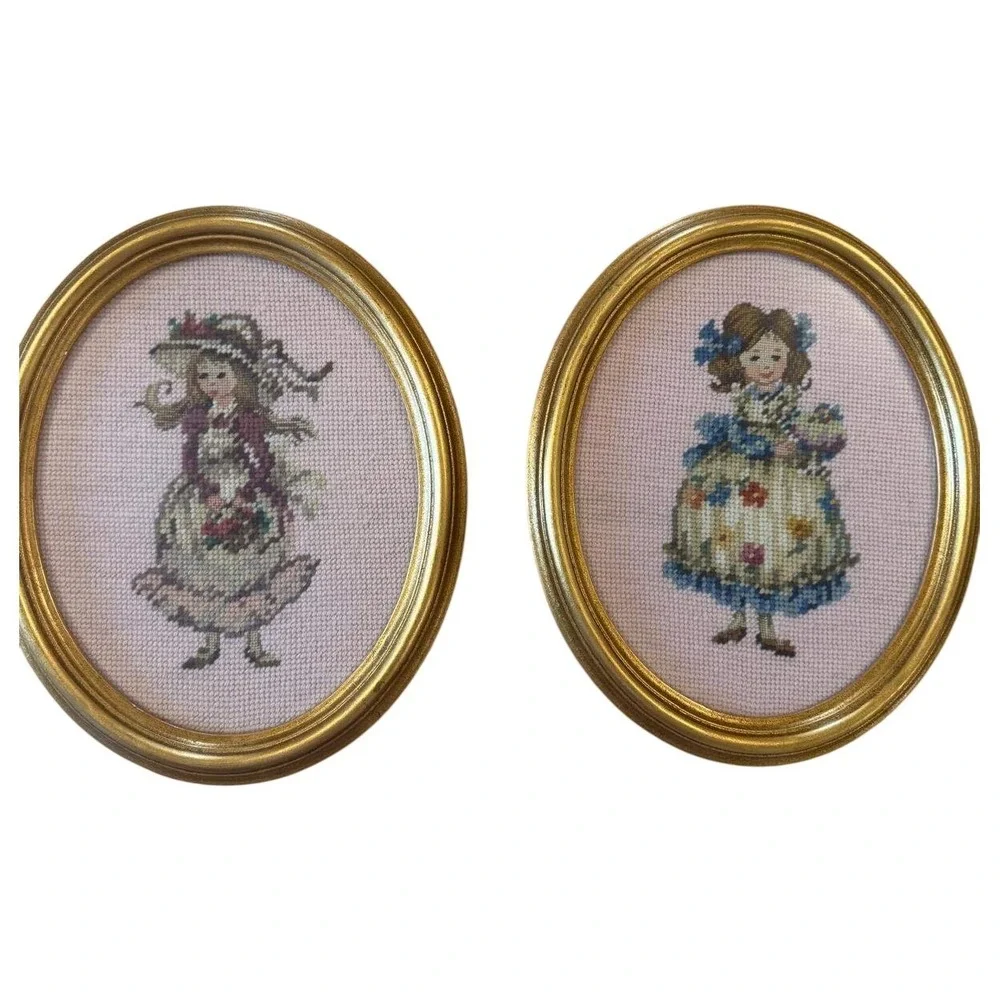 Vintage Oval Gold Framed Needlepoint Art Pair Victorian Girls Marjane Davant