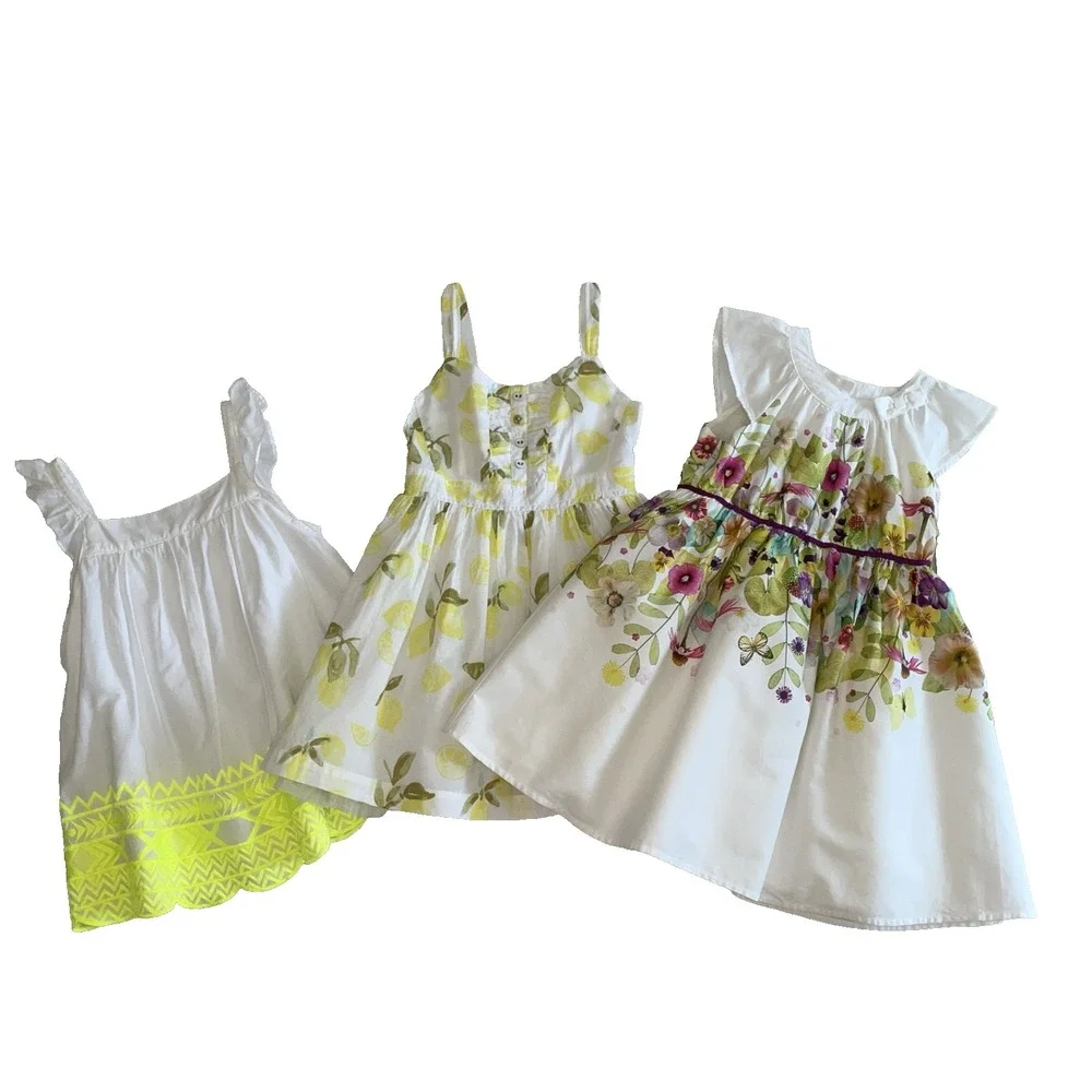 Girls Dresses‎ Set 3 White Floral Lemon Embroidered Ruffle Cap Sleeve Size 6/6x