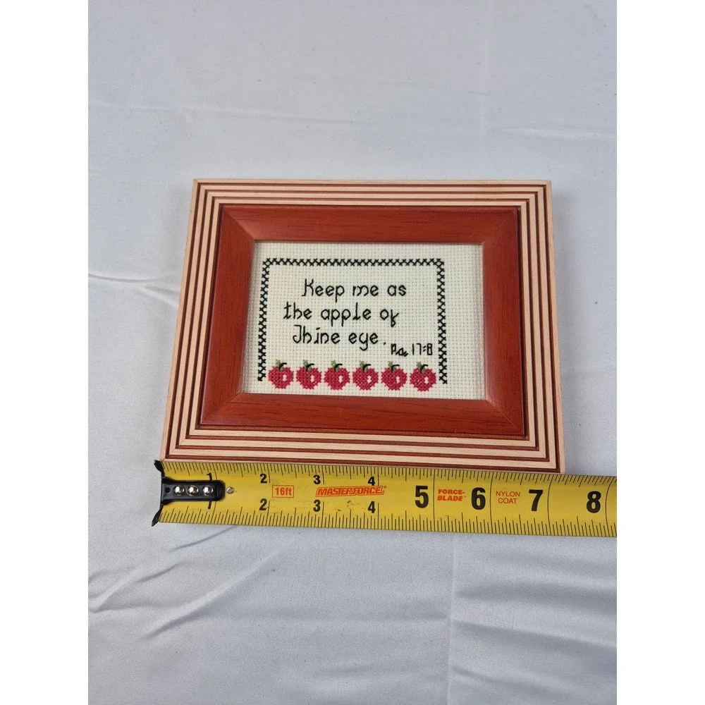 Vintage Framed Cross Stitch Bible Verse Apple of Thine Eye Wood Decor