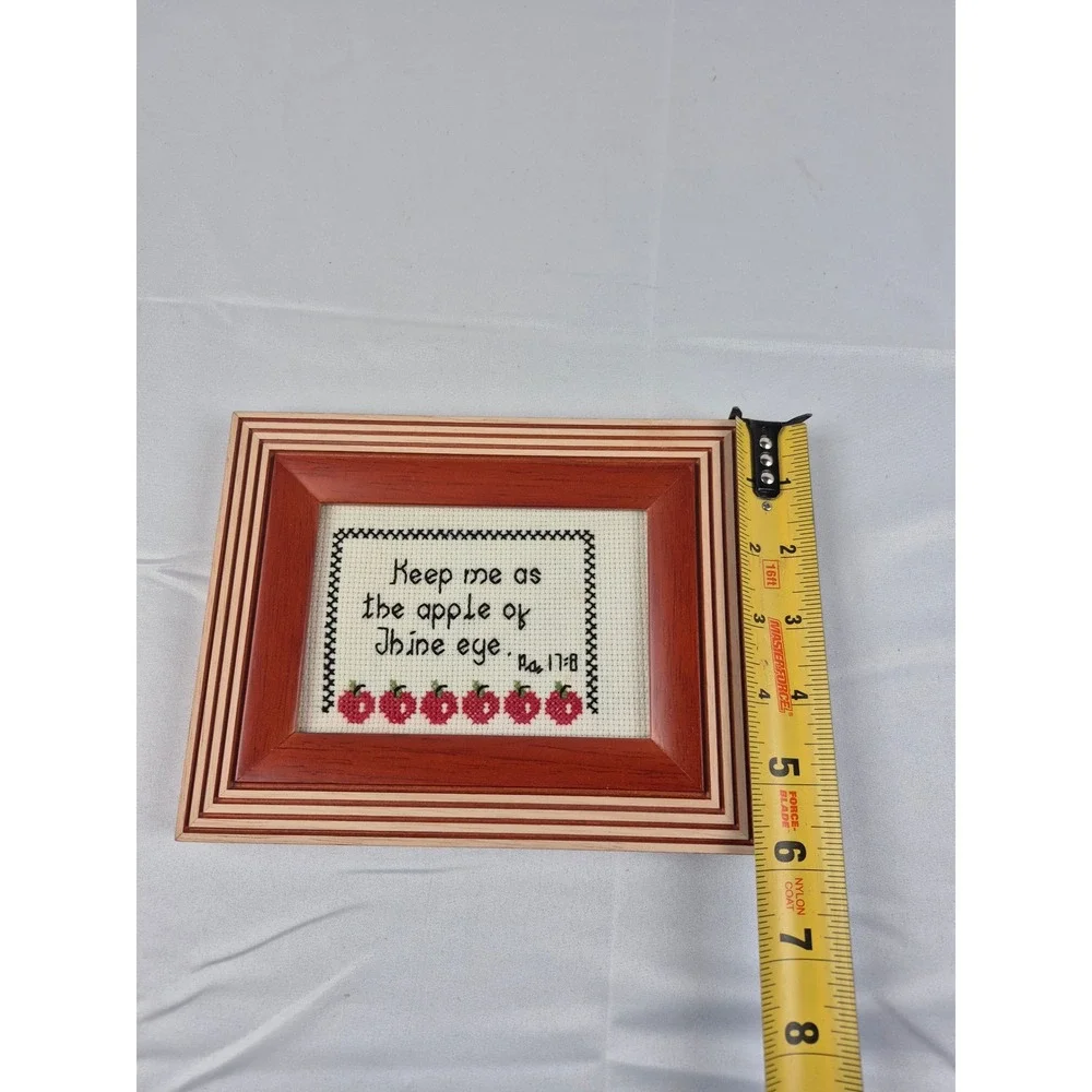 Vintage Framed Cross Stitch Bible Verse Apple of Thine Eye Wood Decor