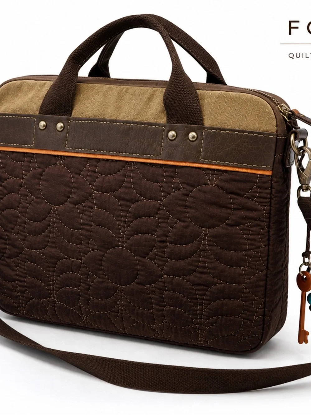 Fossil Laptop Tote Quilted Brown Work Bag Leather Trim