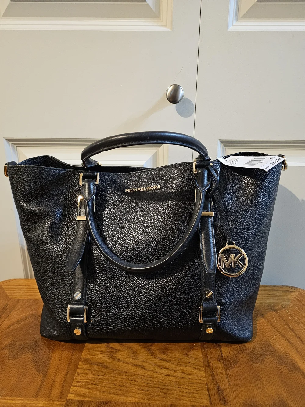 Michael Kors Black Pebbled Leather Tote with Gold MK Charm NWT
