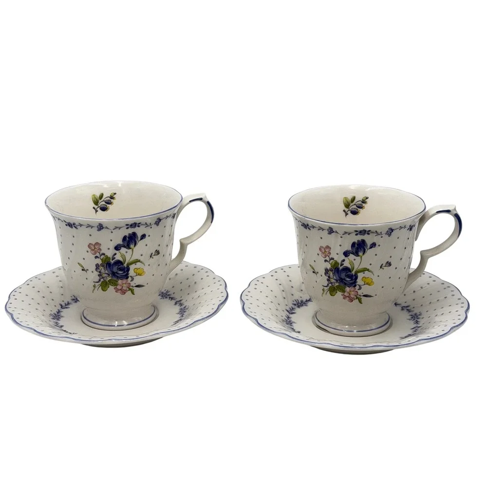 Vtg Nikko Blue Peony Floral Polka Dot Tea Cup and Saucer Swirl Set of 2 READ