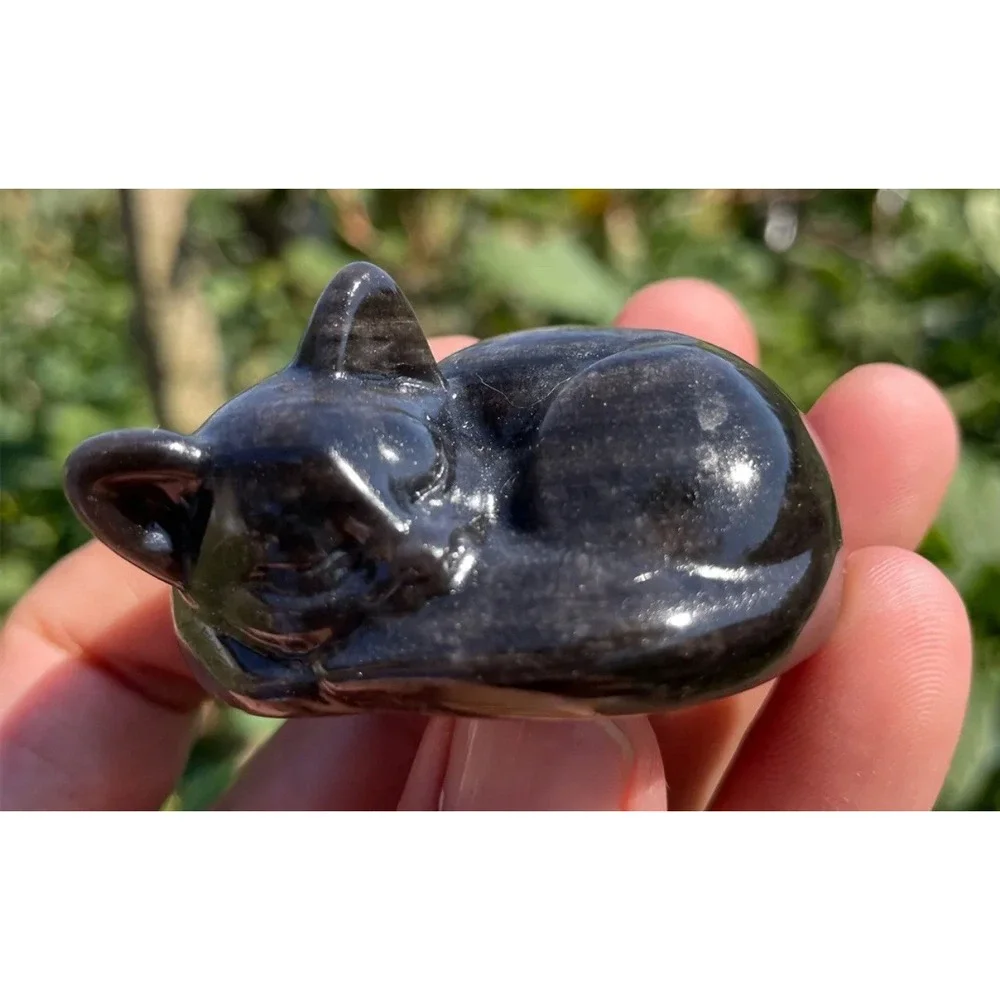 Cat Silver Obsidian Stone Cat hand‎ carved crystal reiki Figure 5.5 cm