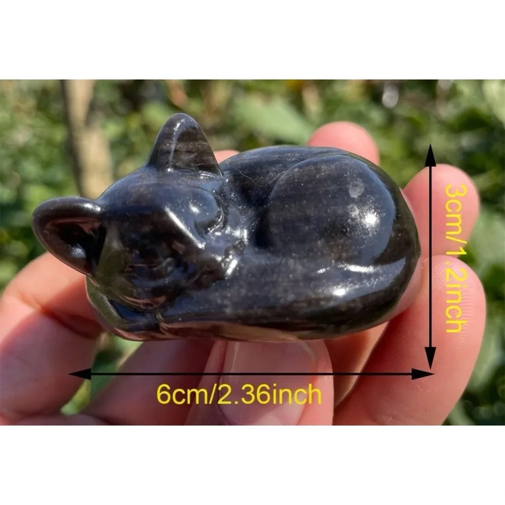 Cat Silver Obsidian Stone Cat hand‎ carved crystal reiki Figure 5.5 cm