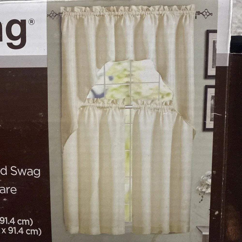 3 pc Kitchen Cafe Curtain Set 2 Tiers And Swag Cream Cottage 57 Inch Wide Alicia
