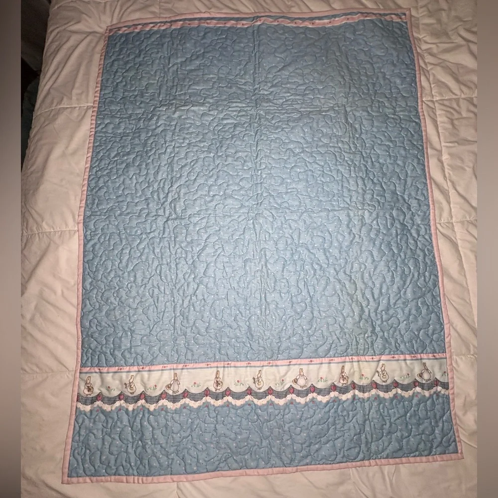 Adorable Pink and Baby Blue Quilted Bunny Trim Baby Blanket