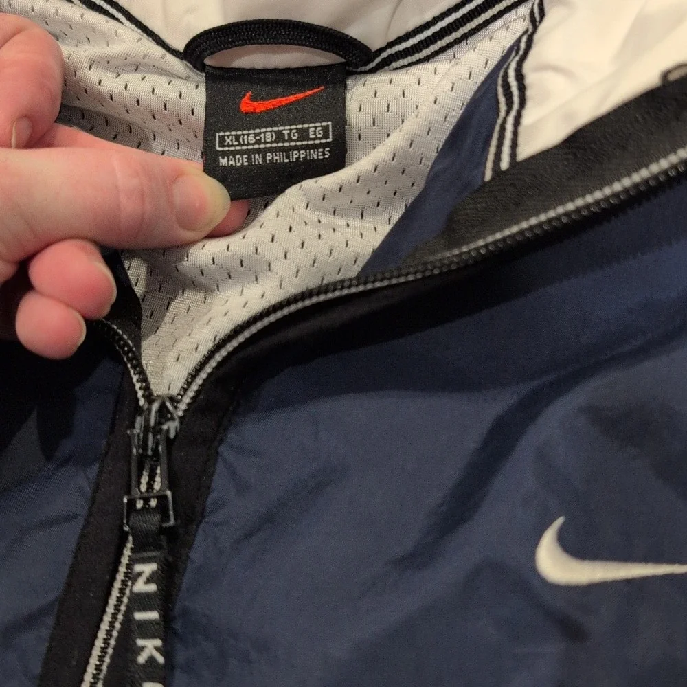 Vintage Nike Track Jacket Womens‎ XL Windbreaker Navy Blue White Swoosh Logo 90s